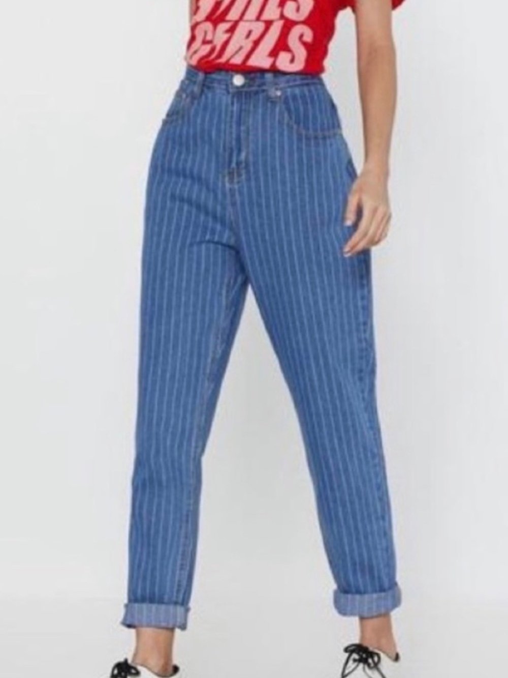 Nasty Gal Collection “Pinstripe Mom Jeans” High Waist Fit in Mid-blue Wash